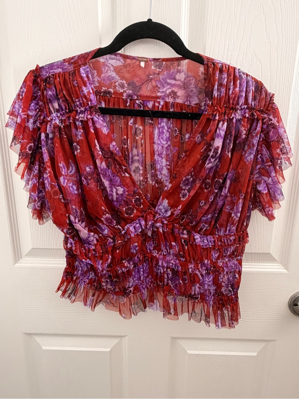 Free People Red & Purple Floral Ruffle V-Neck Blouse